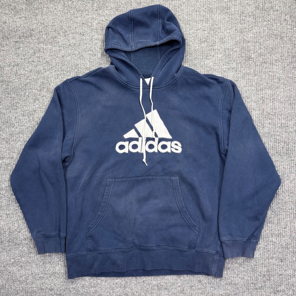 Adidas Mens XL Navy Blue Fleece Pullover Hoodie Big Logo Sweatshirt